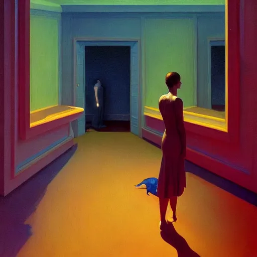 Prompt: Inside a mirror room, very coherent, painted by Edward Hopper, Wayne Barlowe, painted by James Gilleard, airbrush, art by JamesJean