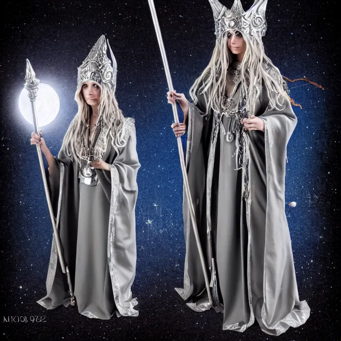 Prompt: photograph of a real-life beautiful elemental moon witch with ornate silver robes and staff. Extremely detailed. 8k