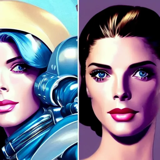 Image similar to Ashley Greene's face combined with Grace Kelly's face with blue hair as a retro-futuristic astronaut, western, D&D, fantasy, intricate, elegant, highly detailed, digital painting, artstation, concept art, matte, sharp focus, illustration, art by Artgerm and Greg Rutkowski and Alphonse Mucha