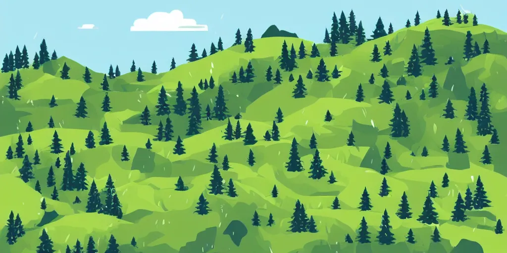 Prompt: Mountain landscape with green hills, sandy road and natural valley. Vector picturesque place background, green fir trees and rocks. Snowy mounts, scenic hills, spring or summer nature, blue sky