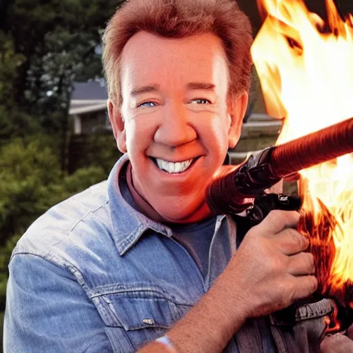 Prompt: tim allen with a flamethrower