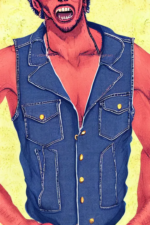 Prompt: a maniac in a denim vest named spike. exaggerated features. digital art. harsh lighting.