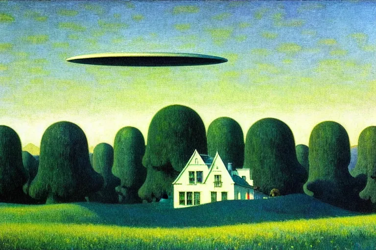 Image similar to realistic detailed landscape painting a single edward hopper house in a plain field, single ufo in the sky, futuristic sci-fi forest on background by Jean Delville, Amano, Yves Tanguy, Alphonse Mucha, Ernst Haeckel, Edward Robert Hughes, Roger Dean, rich moody colours, blue eyes