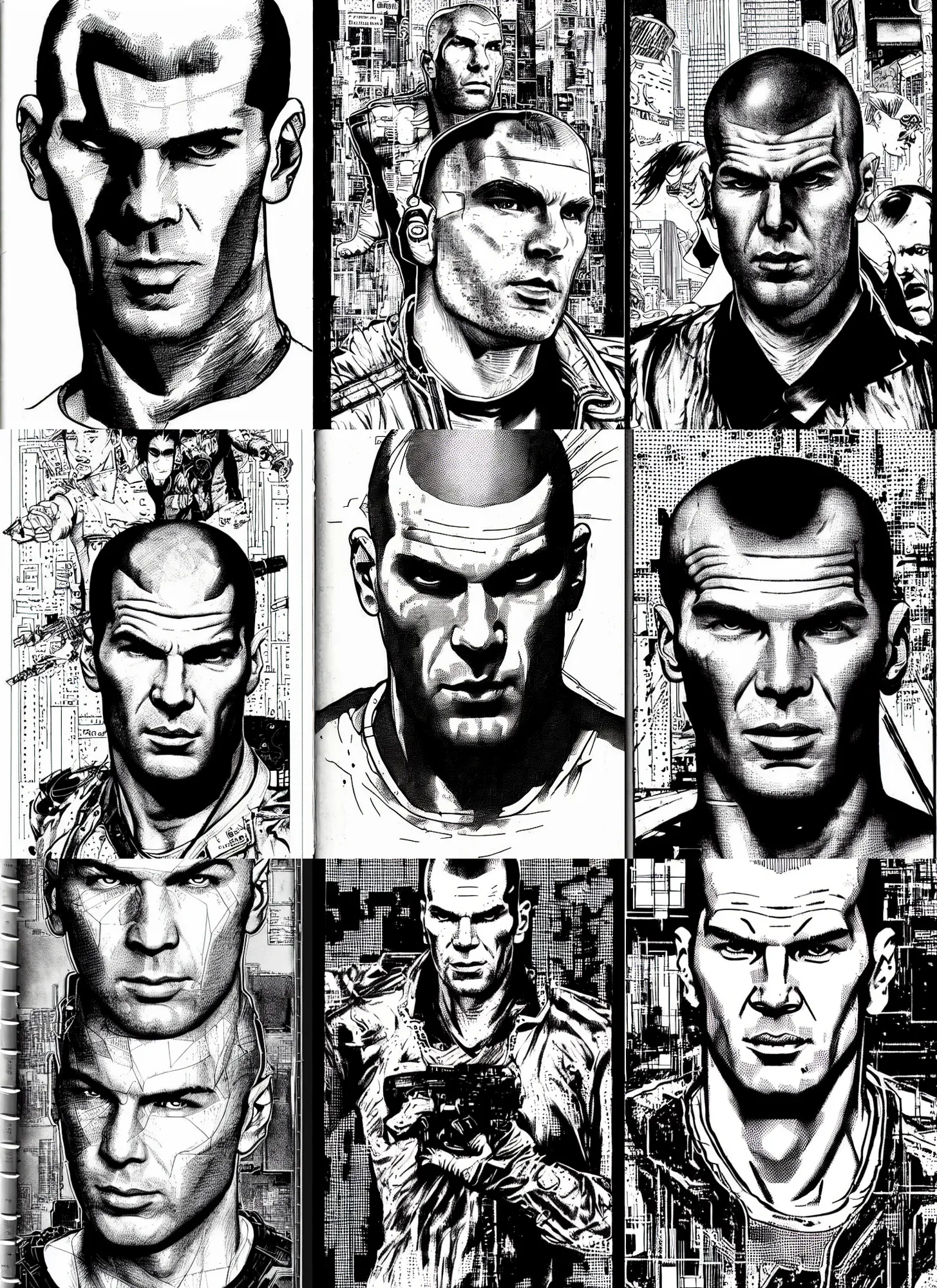 Prompt: zinedine zidane portrait, cyberpunk 2 0 2 0 manual, by steampoweredmikej, by tim bradstreet, inktober, ink drawing, black and white, coloring pages, manga, highly detailed