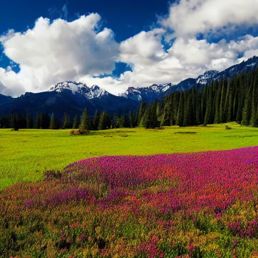 Image similar to photo of a heavenly meadow with a mountain range in the background