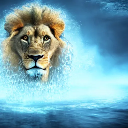 Image similar to a male lion's face breaching through a wall of water, headshot, water sprites, splashing, deep blue ocean, highly detailed, realistic digital art, trending on artstation