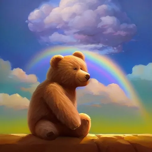 Image similar to a storybook of a teddy bear sleeping in the clouds, a storybook illustration by RHADS and Pu Hua, candy and rainbows, trending on cgsociety, pop surrealism, official art, detailed painting, artstation hd