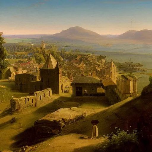 Image similar to a painting of a medieval town on top of a mountain, a matte painting by Charles Cundall,hudson river school, matte painting, rococo, detailed painting