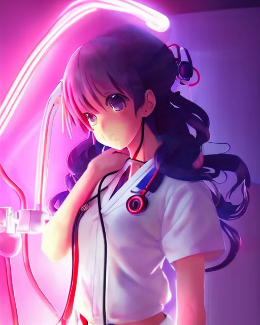 Image similar to anime style, vivid, expressive, full body, 4 k, painting, a cute magical girl with a long wavy hair wearing a nurse outfit, correct proportions, stunning, realistic light and shadow effects, neon lights, centered, simple background, studio ghibly makoto shinkai yuji yamaguchi