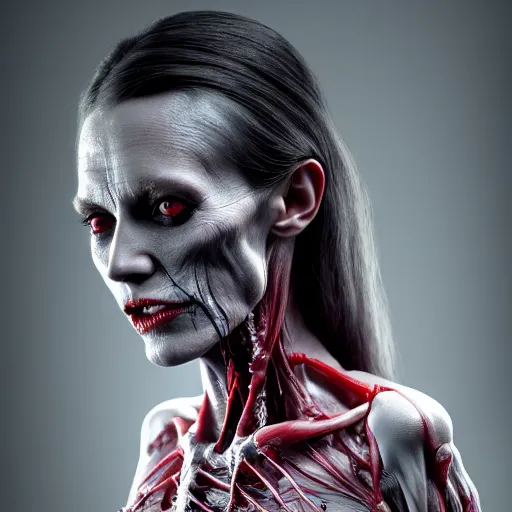 Image similar to female vampire with translucent skin, visible muscles and veins and arteries and bones and spine and nerves, beautiful detailed intricate insanely detailed octane render, 8K artistic photography, photorealistic, chiaroscuro, by David Cronenberg