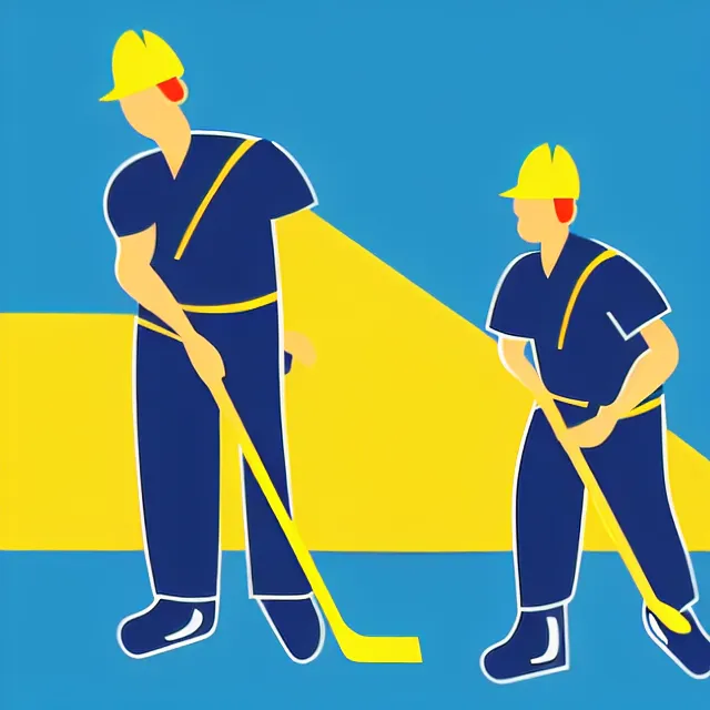 Prompt: janitor holding broom like hockey stick vector logo, professional NFL sports style, flat colours, bright colours, Adobe EPS, SVG, professional, sharp edges