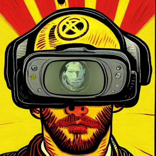 Prompt: Illustrated by Shepard Fairey and Greg Rutkpwski | Cyberpunk Van Gogh with VR helmet, surrounded by cables