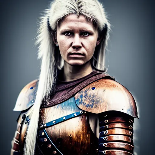 Prompt: photo of a real-life beautiful nordic female warrior, highly detailed