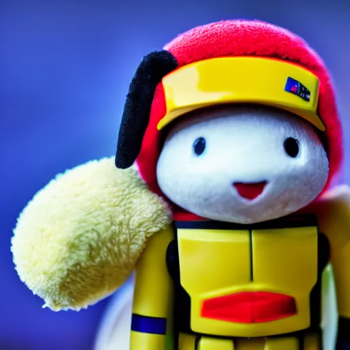 Image similar to a beanie baby gundam piloted by taylor swift, macro photography 8k ,high contrast, sharp focus, depth of field, product photography
