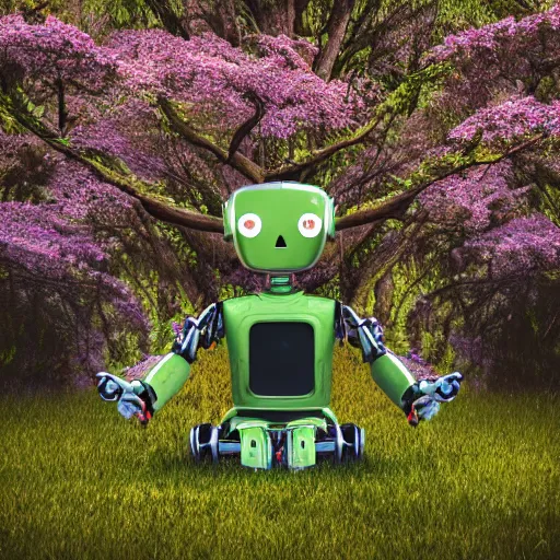 Image similar to professionnal photo of highly detailed robot sitting cross legged with its head pointing down on a small hill in a fantasy forest with blooming trees