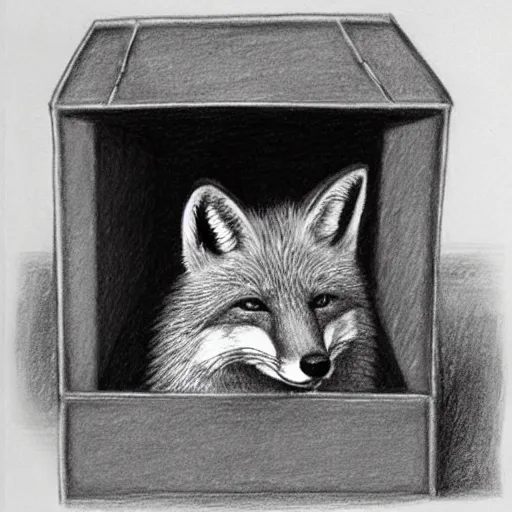 Image similar to a fox inside a box, pencil drawing, award winning, highly detailed