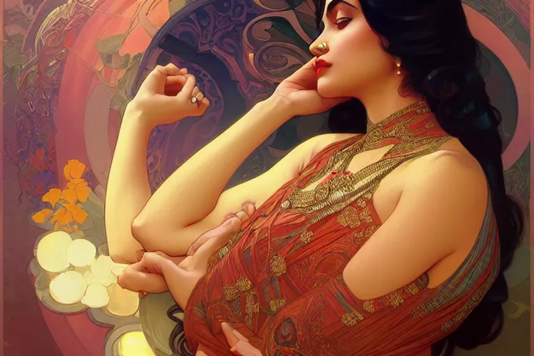 Prompt: sensual bengali girl, art deco portrait, elegant, intricate, digital painting, artstation, concept art, smooth, sharp focus, illustration, art by artgerm and greg rutkowski and alphonse mucha