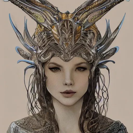 Prompt: portrait of the dragon queen by artgerm and H R Giger and alphonse mucha, Dragon in dragon lair, HD, full body dragon concept, flying dragon, Human body with dragon features, beautiful queen, perfect face, ray tracing, 4k realistic 3d rendered portrait, soft shading, soft colors, relaxed colors, hyperdetailed, wide angle lens, fantasy, futuristic horror, armor style of giger