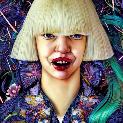 Image similar to portrait of crazy beautiful singer sia kate isobelle furler, ymmetrical, by yoichi hatakenaka, masamune shirow, josan gonzales and dan mumford, ayami kojima, takato yamamoto, barclay shaw, karol bak, yukito kishiro