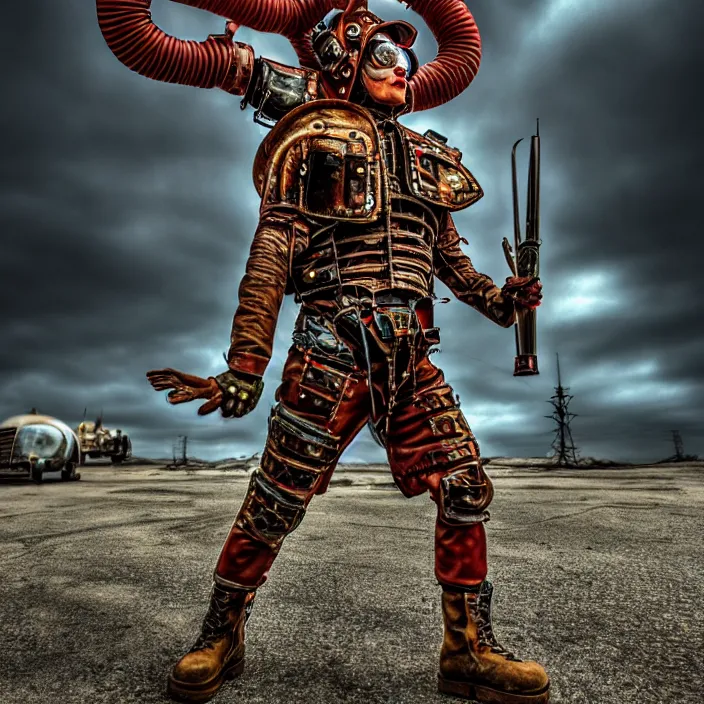 Prompt: full length photo of a real - life beautiful atompunk warrior, 8 k, hdr, smooth, sharp focus, high resolution, award - winning photo