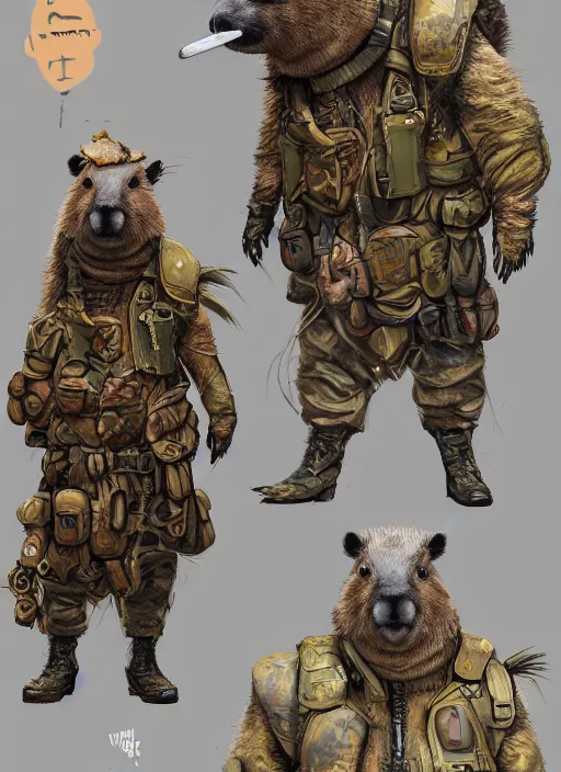 Prompt: detailed full body concept art illustration oil painting of an anthropomorphic capybara military in full intricate clothing, biomutant, dystopian, ultra detailed, digital art, octane render