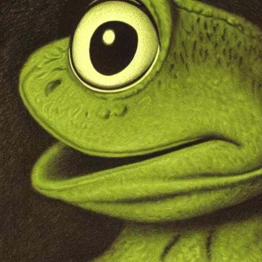 Prompt: portrait of Kermit the Frog, close up, realistic, very realistic, detailed, dramatic light, illustration by Gustave Doré