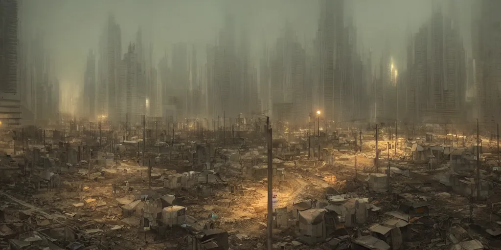 Image similar to dystopian city with endless refugees tents on different heights of huge ruined buildings, night lights, rain and haze, concept art, intricate, photorealistic, octane render, rtx, hdr, unreal engine