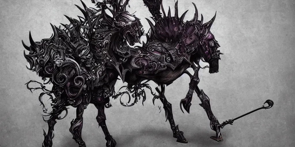 Prompt: a dark fantasy side view of a dark evil undead carousel horse, tim burton, world of warcraft, league of legends