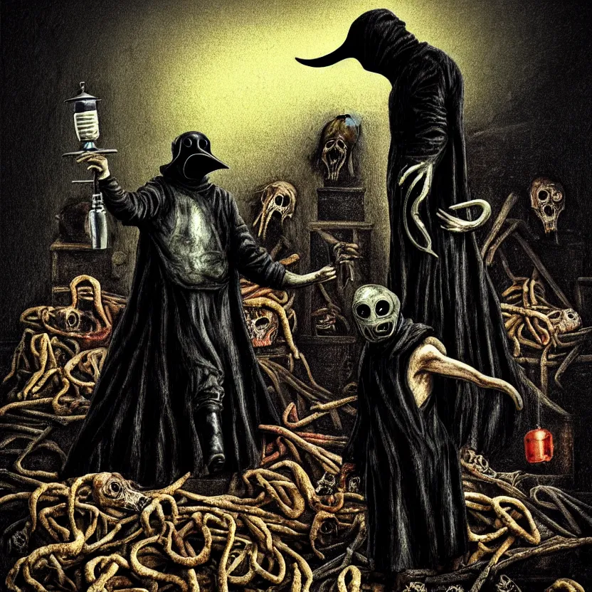 Prompt: plague doctor standing over a pile of decomposing corpses, a screaming man half - eaten by maggots, by dario argento and david cronenberg, fear, morbid, nightmare, supernatural, 8 k, digital art, highly detailed, ( ( ( ( very colorful ) ) ) ), chiaroscuro, creepy, terrifying