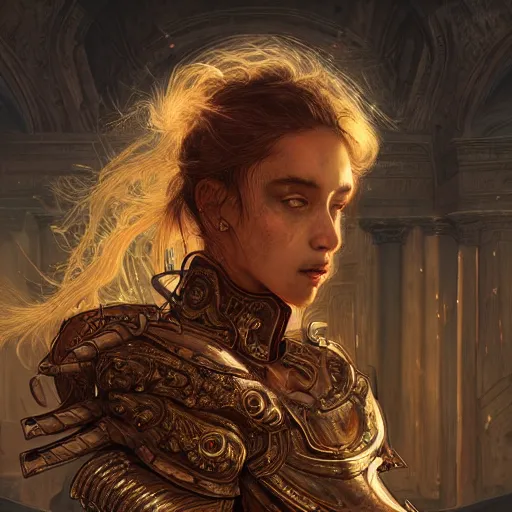 Image similar to portrait knights of Zodiac girl, metallic black and reddish color reflected armor, in ruined Agora of Athens, ssci-fi, fantasy, intricate, very very beautiful, elegant, golden light, highly detailed, digital painting, artstation, concept art, smooth, sharp focus, illustration, art by tian zi and WLOP and alphonse mucha