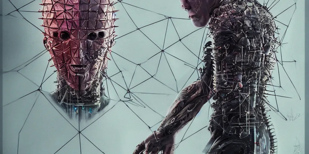 Prompt: realistic futuristic distopic detroy cyberpunk hellraiser tattoo cyborg clean design by apple , character sheet, Greg Rutkowski, Zabrocki, Karlkka, Jayison Devadas, Phuoc Quan, trending on Artstation, 8K, tsutomu nihei, giger , zenith view, pincushion lens effect.