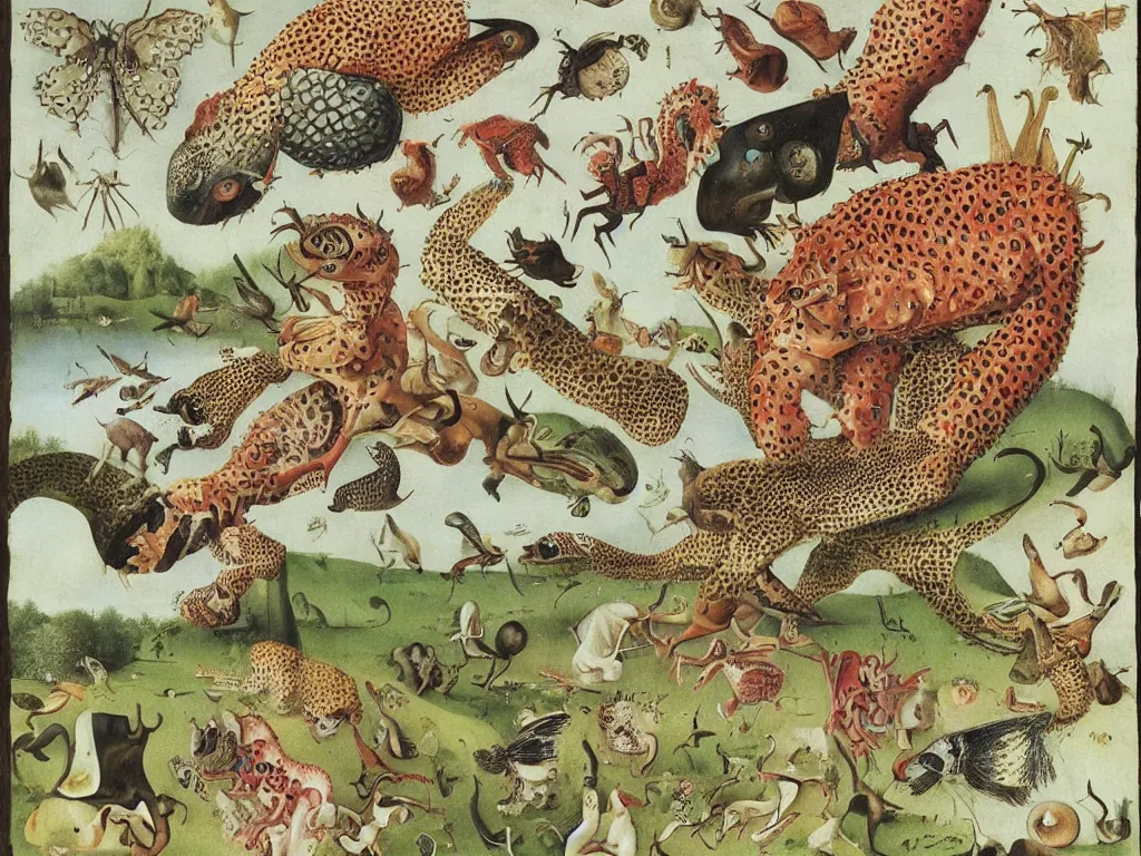 Image similar to unspeakable animal. painting by bosch, maria sybilla merian, codex seraphinianus