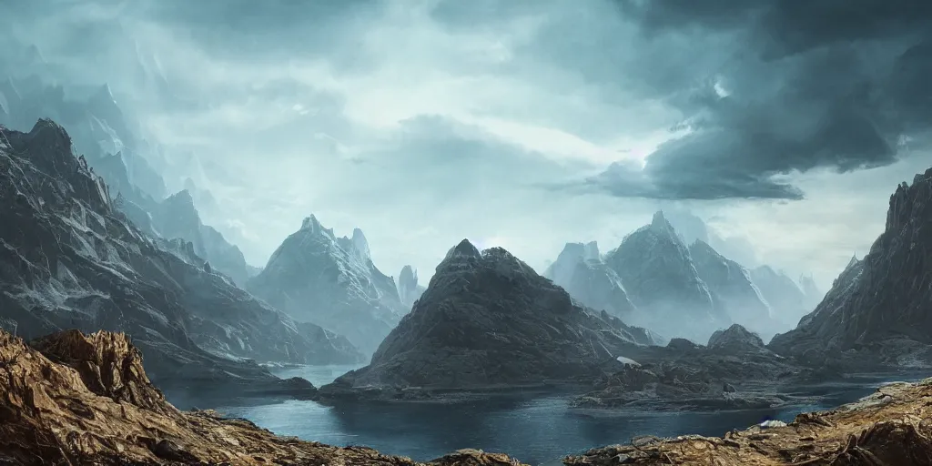 Image similar to alien environment with epic mountains and cliffs by james clyne, epic lighting, cinematographic, 8 k, award winning, ultra detailed