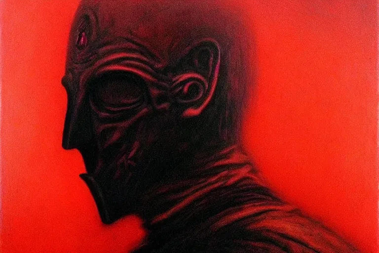 Prompt: michael myers, mask, in the style of beksinski, side profile, red, black, vibrant, chiaroscuro, high detail, perfect artwork, clean lines