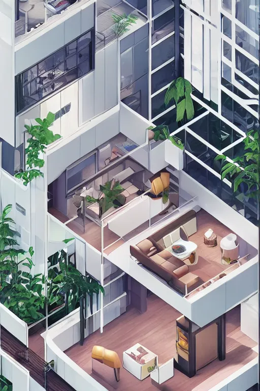 Image similar to isometric interior of luxury condominium with minimalist furniture and lush house plants | modern architecture by makoto shinkai, ilya kuvshinov, lois van baarle, rossdraws and frank lloyd wright