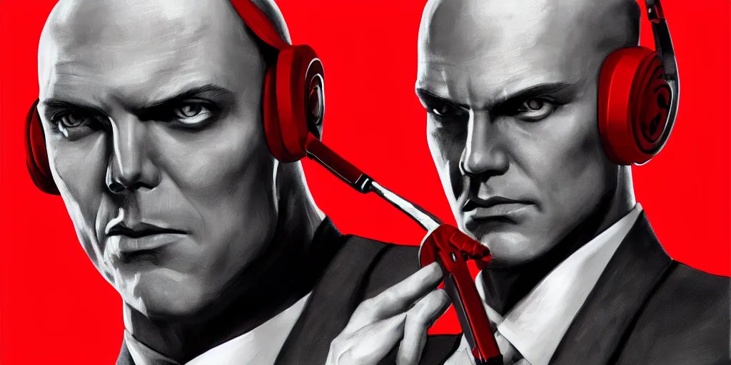 Prompt: a portrait of agent 4 7 from hitman wearing large headphones while pointing a silverballer, dark background, red rim light, smooth, sharp focus, art by irina french