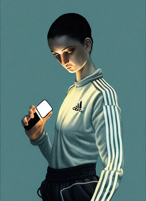 Image similar to portrait of slav heroine wearing an addidas tracksuit with a phone in hand. illuminated phone screen, by greg rutkowski and wlop, detailed, cinematic, 8 k, intricate, rule of thirds.