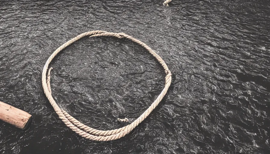 Image similar to photo of a rope on the surface of water, in the middle of a lake, overcast day, rocky foreground, 2 4 mm leica anamorphic lens, moody scene, stunning composition, hyper detailed, color kodak film stock