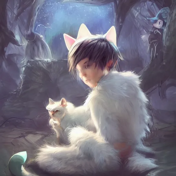 Image similar to boy with cat ears and cat tail resting on the floor, fantasy artwork, award winning, very very very very very very very very beautiful, trending on artstation.