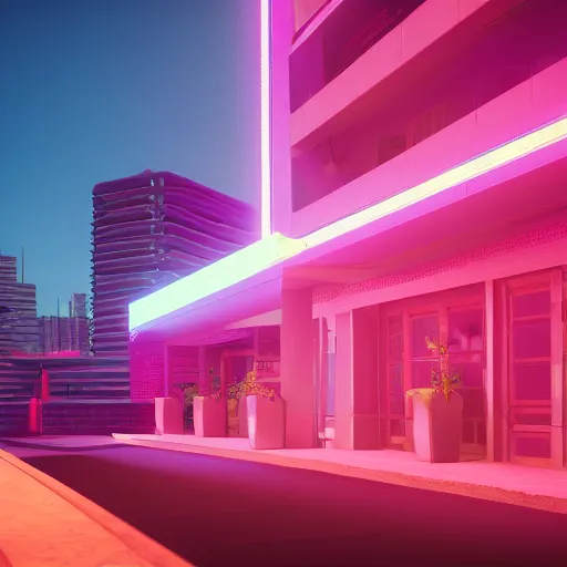 Image similar to synthwave art of peykan, tehran, octane render, pink neon lights