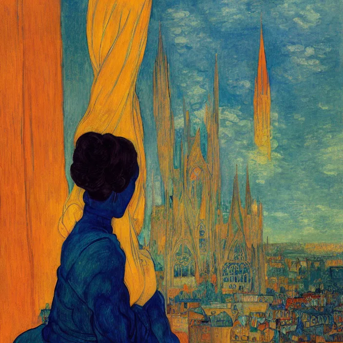 Image similar to close portrait of woman in night gown with cat and aloe vera, with city with gothic cathedral seen from a window frame with curtains. sun through the clouds, vivid iridescent colors. agnes pelton, egon schiele, henri de toulouse - lautrec, utamaro, monet