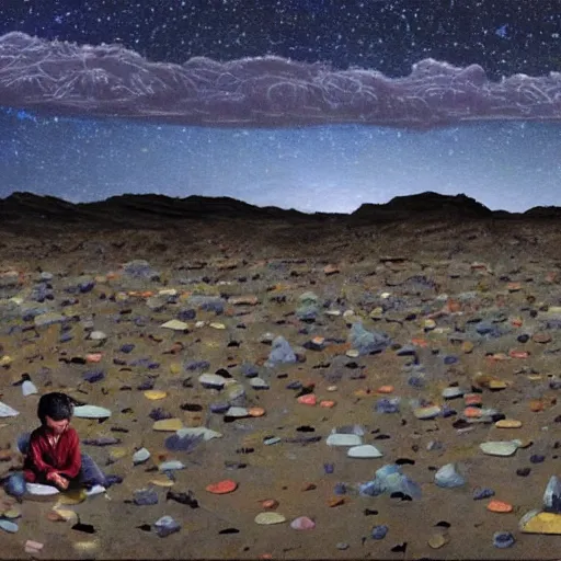 Image similar to a lonely kid in an unknown world, looking at the stars, with a lot of dead bodies behind him, rocks floating, painted like alex kanevsky, and the athmosphere of dennis villeneuve