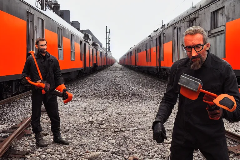 Image similar to vfx movie closeup real life gordon freeman holding wearing futuristic orange and black armor crowbar in russian train yard by emmanuel lubezki