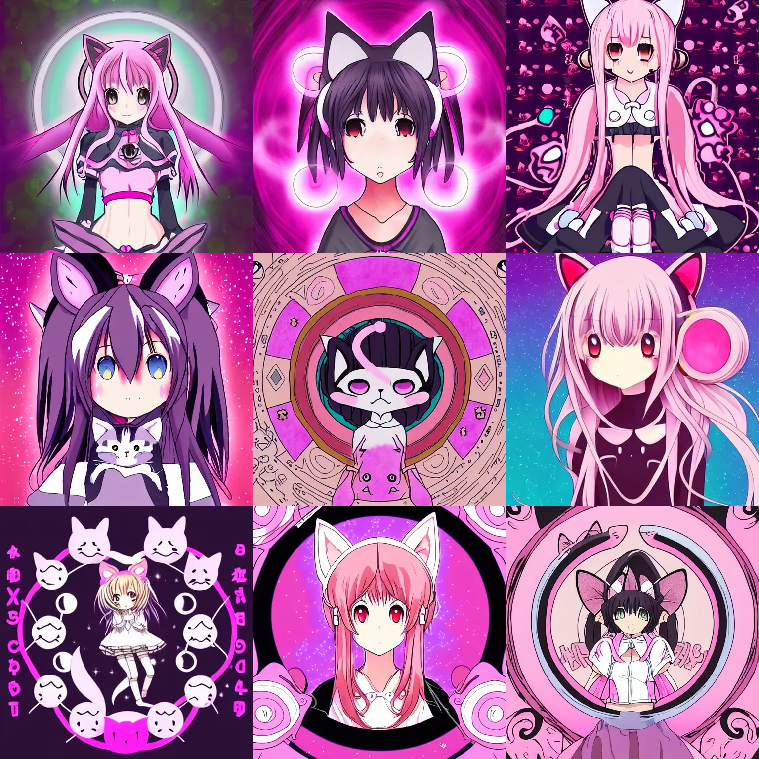 Image similar to digital card art of anime (cat) girl with cat ears surrounded by magic circles. Pink hue. Highly detailed. Beautiful