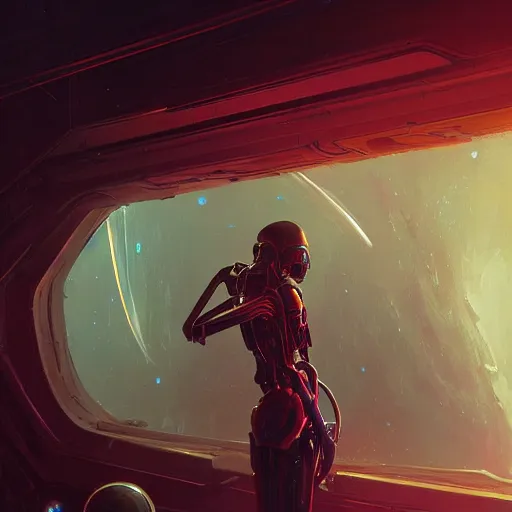 Image similar to Alien Cyborg standing, observing the outside of a spaceship window while veering off into the vast distance of space, illustrated by Greg Rutkowski and Gaston Bussiere, neon light fixtures, beautiful glowing atmosphere, dappled lighting, trending on artstation, 4k, 8k