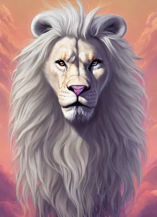 Image similar to aesthetic portrait commission of a of a male fully furry muscular anthro albino lion with a tail and a beautiful attractive hyperdetailed face wearing stylish and creative wearing Norwegian outfit in a sci-fi utopian city at golden hour while it sunshowers in the background. Character design by charlie bowater, ross tran, artgerm, and makoto shinkai, detailed, inked, western comic book art, 2021 award winning film poster painting