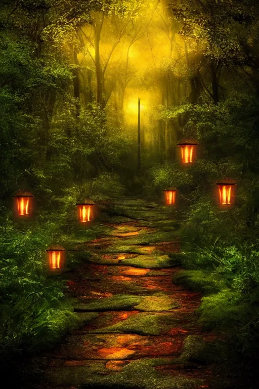 Image similar to a beautiful digital glossy clear sharp of a detailed gothic fantasy fireflies forest trees roots mushrooms fireflies moonlight and iron gate cobblestone pathway vines ground fog by james gurney, 8 k resolution trending on artstation
