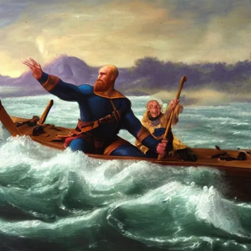 Image similar to painting of thanos crossing the delaware, oil on canvas, highly detailed, faded colors