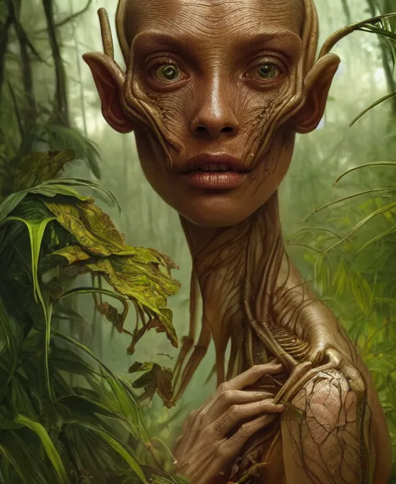 Image similar to intricate earth - toned portrait of a disturbing alien insect creature, mottling coloring, adorable, childlike, overgrown jungle environment, ultra realistic, concept art, maximalist, photorealistic, octane render, 8 k, unreal engine. art by christopher marley and artgerm and greg rutkowski and alphonse mucha