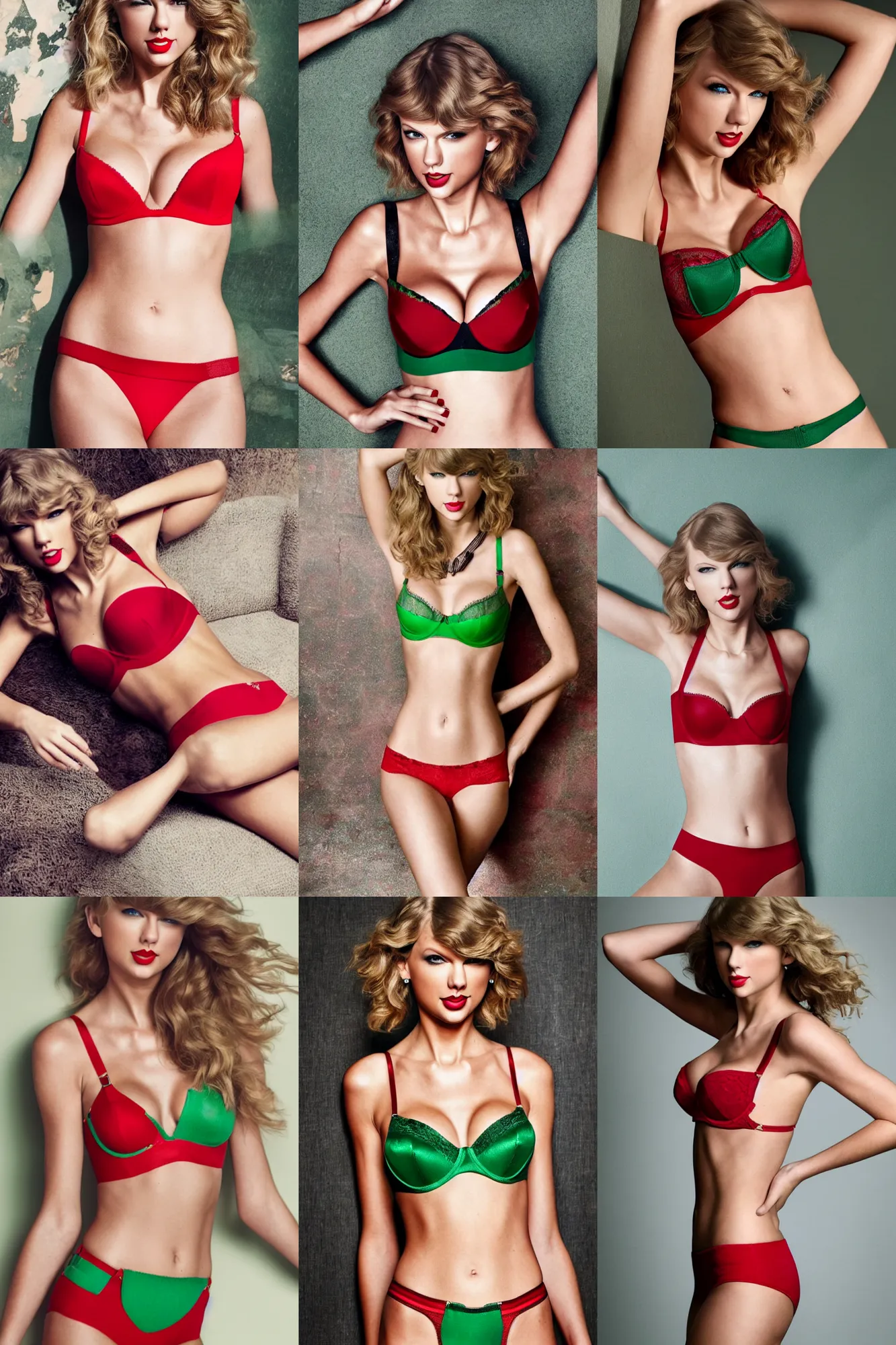 Prompt: taylor swift modeling red bra and green panties, professional photoshoot